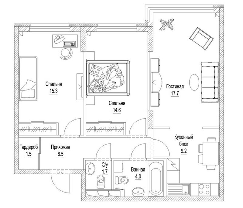 Планировка 3-к.кв 73.80 м² в ЖК «Солнечный бульвар. Кемерово»