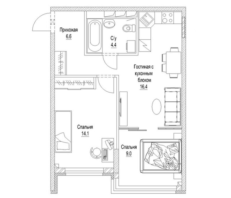 Планировка 2-к.кв 53.20 м² в ЖК «Солнечный бульвар. Кемерово»
