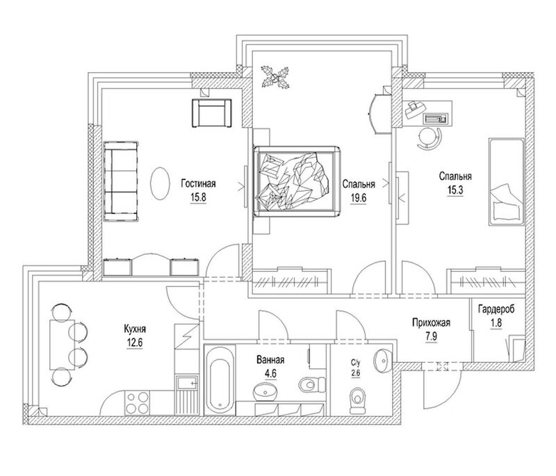 Планировка 3-к.кв 83.70 м² в ЖК «Солнечный бульвар. Кемерово»