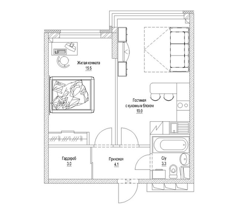 Планировка 1-к. квартира 46.40 м² в ЖК «Солнечный бульвар. Кемерово»