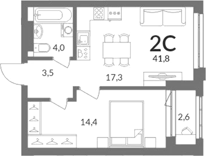 Планировка 2е-к.кв 39.20 м² в ЖК «Горская лагуна»