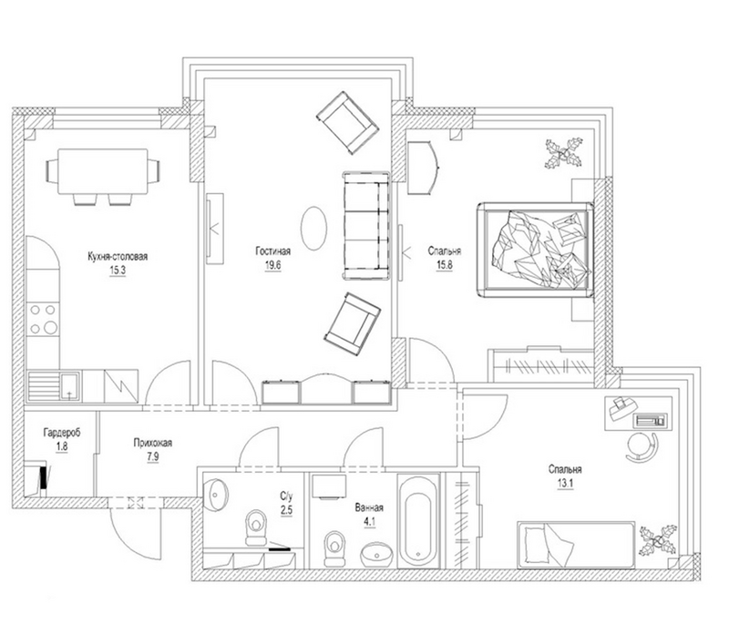 Планировка 3-к.кв 83.70 м² в ЖК «Солнечный бульвар. Кемерово»