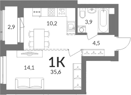 Планировка 1-к.кв 32.70 м² в ЖК «Горская лагуна»