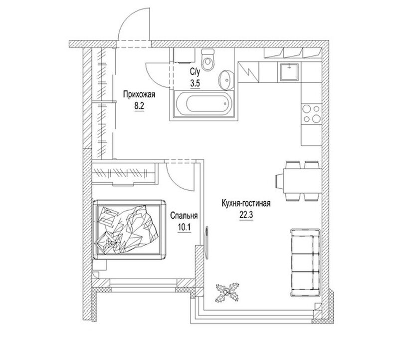 Планировка 1-к.кв 46.20 м² в ЖК «Солнечный бульвар. Кемерово»