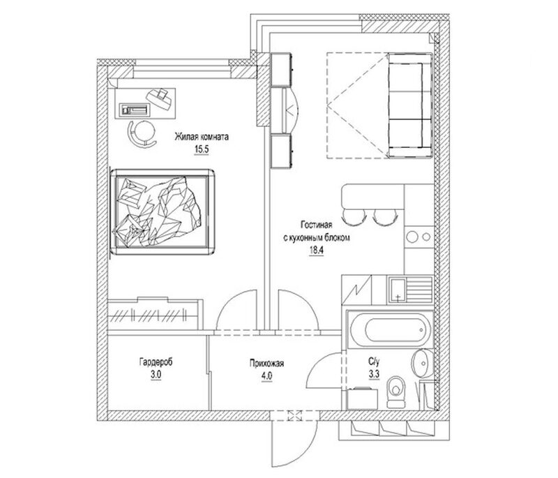 Планировка 1-к.кв 45.70 м² в ЖК «Солнечный бульвар. Кемерово»