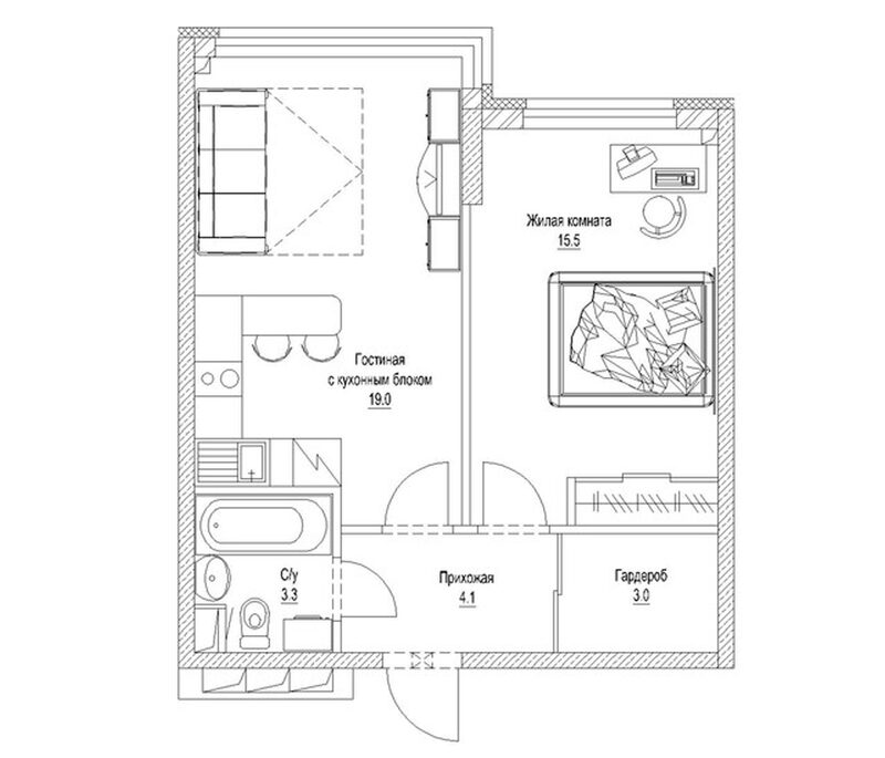 Планировка 1-к.кв 46.40 м² в ЖК «Солнечный бульвар. Кемерово»