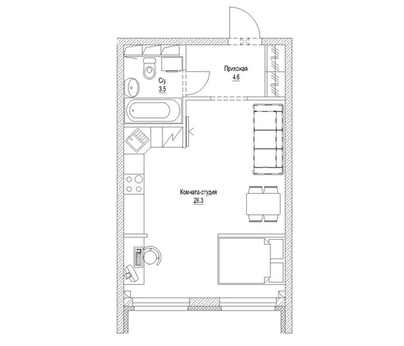 Планировка студия 36.10 м² в ЖК «Солнечный бульвар. Кемерово»