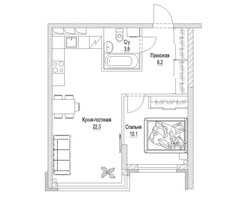 Планировка 1-к.кв 46.20 м² в ЖК «Солнечный бульвар. Кемерово»