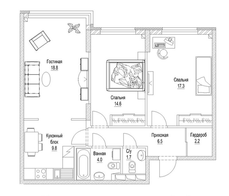 Планировка 3-к. квартира 78.20 м² в ЖК «Солнечный бульвар. Кемерово»