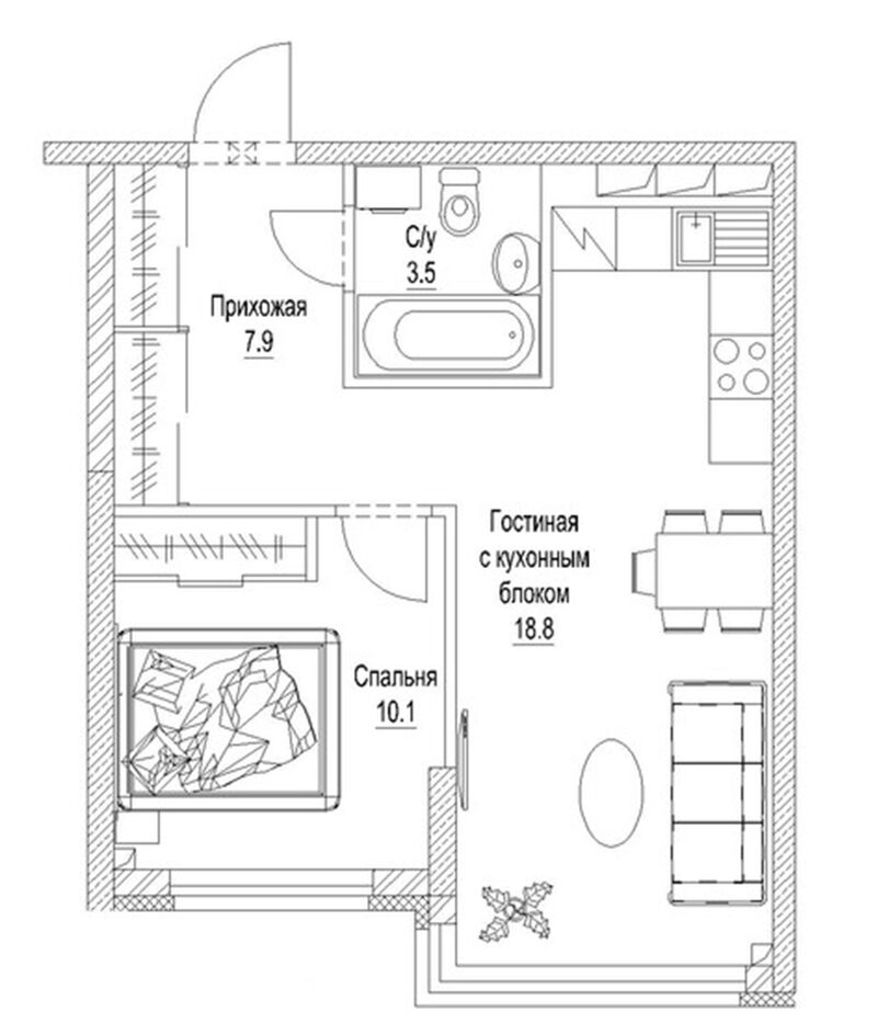 Планировка 1-к. квартира 43.20 м² в ЖК «Солнечный бульвар. Кемерово»