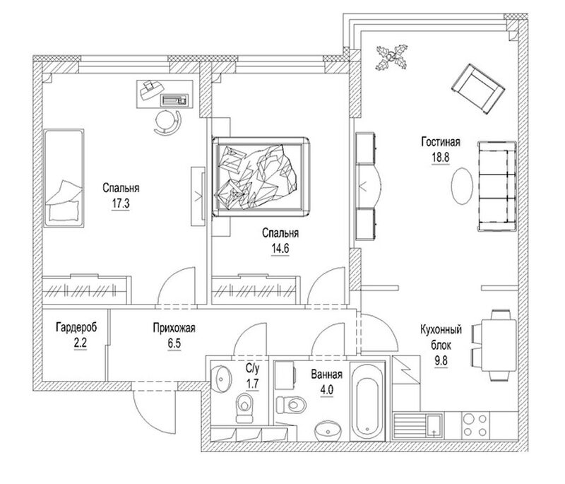 Планировка 3-к.кв 78.20 м² в ЖК «Солнечный бульвар. Кемерово»