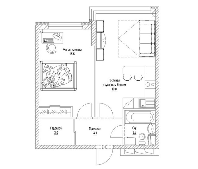 Планировка 1-к. квартира 46.40 м² в ЖК «Солнечный бульвар. Кемерово»