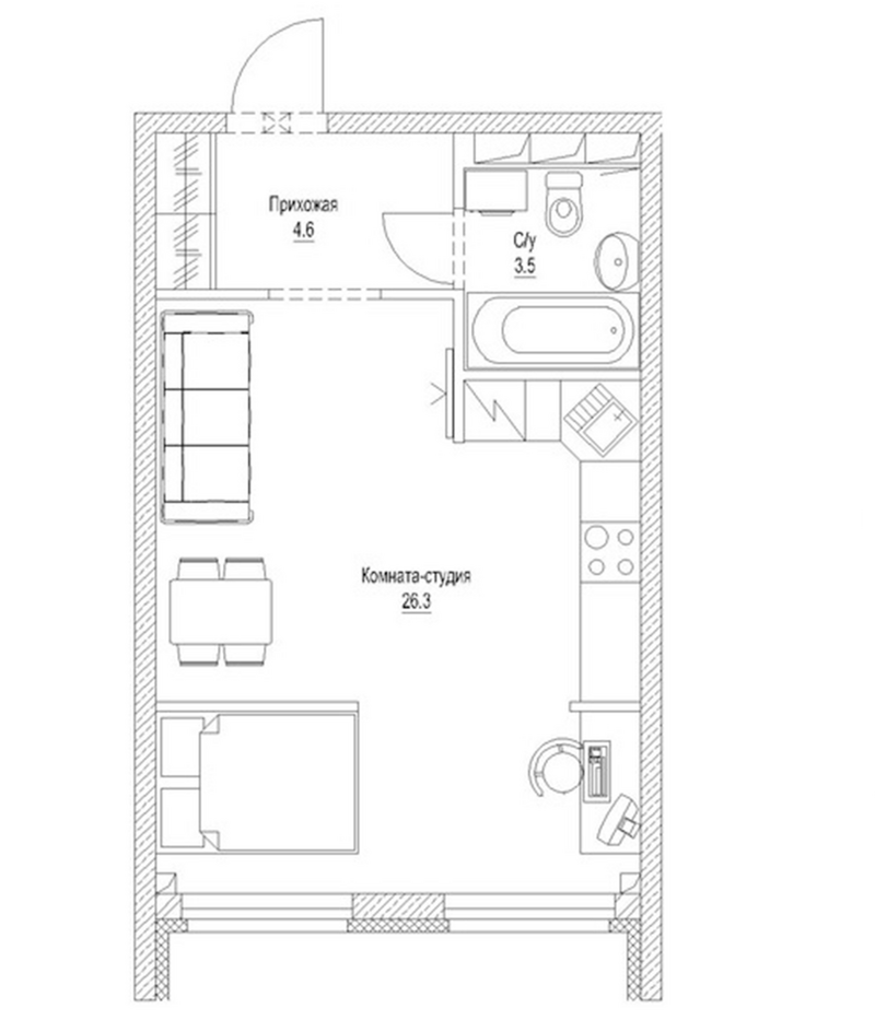 Планировка студия 36.10 м² в ЖК «Солнечный бульвар. Кемерово»