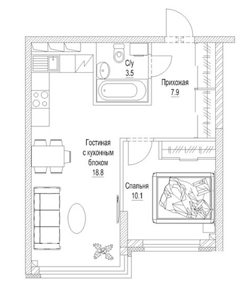 Планировка 1-к.кв 43.20 м² в ЖК «Солнечный бульвар. Кемерово»