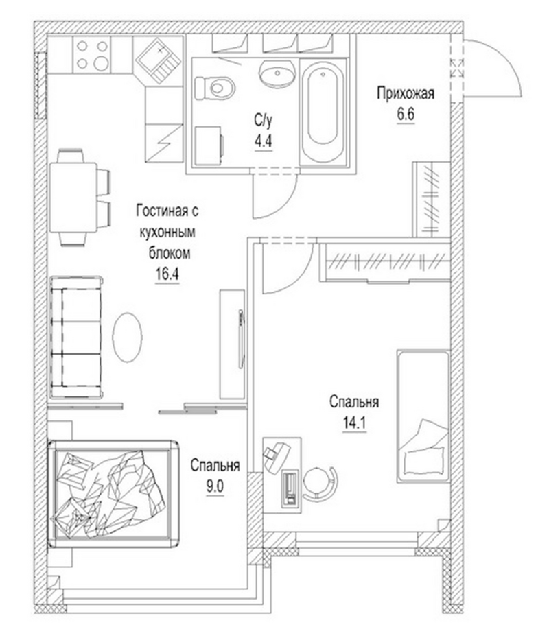 Планировка 2-к.кв 53.20 м² в ЖК «Солнечный бульвар. Кемерово»