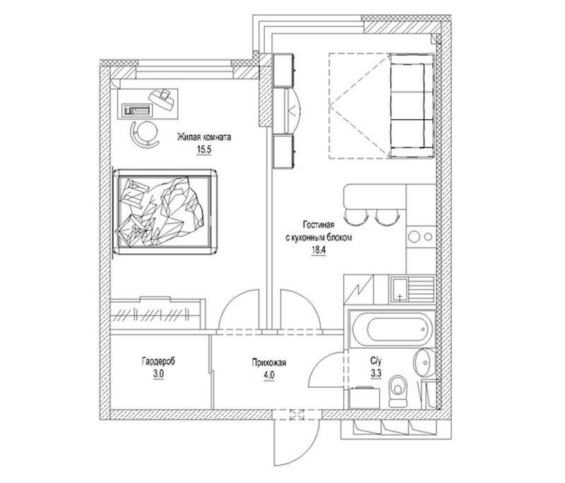 Планировка 1-к.кв 45.70 м² в ЖК «Солнечный бульвар. Кемерово»