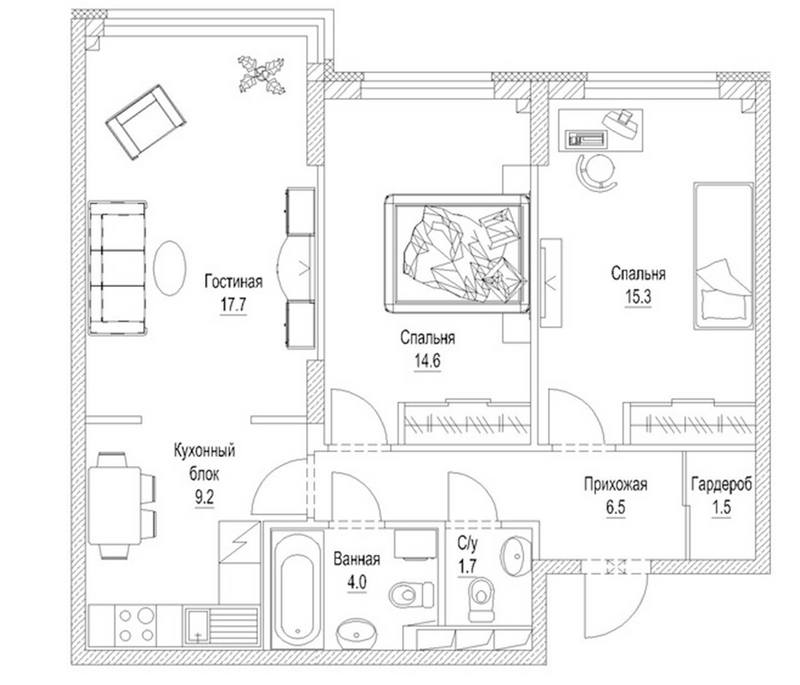 Планировка 3-к. квартира 73.80 м² в ЖК «Солнечный бульвар. Кемерово»