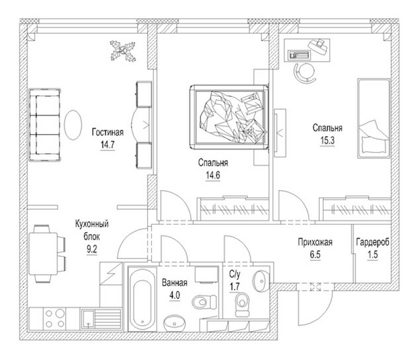 Планировка 3-к. квартира 71.00 м² в ЖК «Солнечный бульвар. Кемерово»