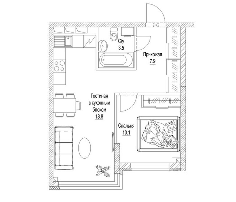 Планировка 1-к.кв 43.20 м² в ЖК «Солнечный бульвар. Кемерово»