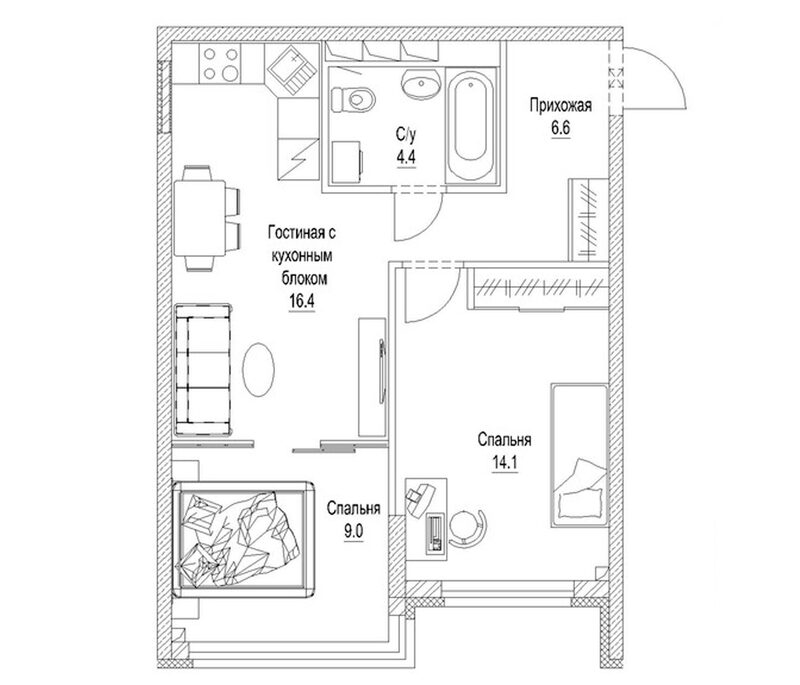 Планировка 2-к.кв 53.20 м² в ЖК «Солнечный бульвар. Кемерово»