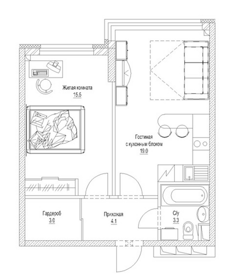Планировка 1-к. квартира 46.40 м² в ЖК «Солнечный бульвар. Кемерово»