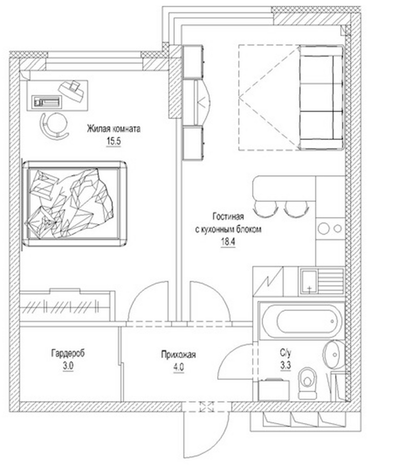 Планировка 1-к.кв 45.60 м² в ЖК «Солнечный бульвар. Кемерово»