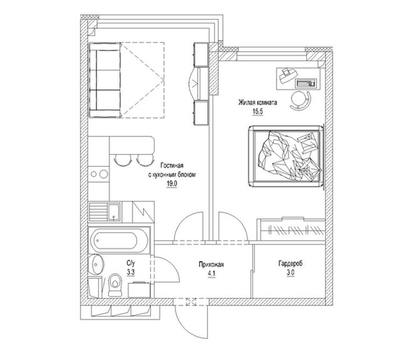 Планировка 1-к.кв 46.40 м² в ЖК «Солнечный бульвар. Кемерово»
