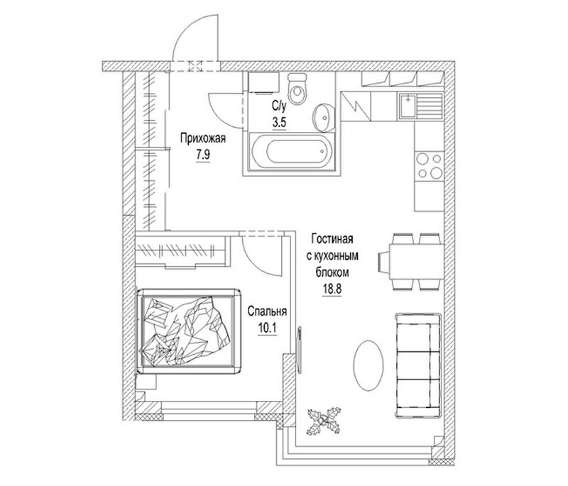 Планировка 1-к. квартира 43.20 м² в ЖК «Солнечный бульвар. Кемерово»