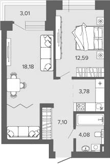 Планировка 1-к.кв 45.73 м² в ЖК «Прованс»
