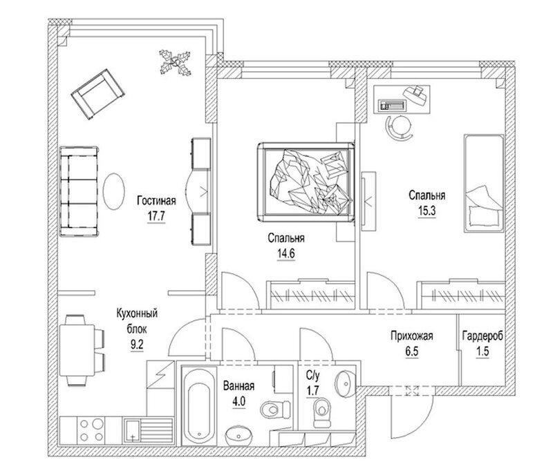 Планировка 3-к.кв 73.80 м² в ЖК «Солнечный бульвар. Кемерово»
