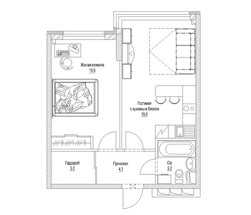 Планировка 1-к. квартира 46.40 м² в ЖК «Солнечный бульвар. Кемерово»