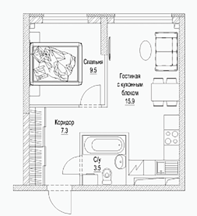Планировка 2е-к.кв 38.10 м² в ЖК «Сити-парк. Кемерово»