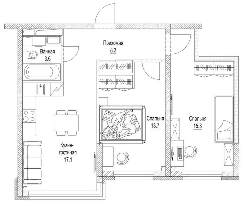 Планировка 3е-к.кв 60.40 м² в ЖК «Сити-парк. Кемерово»