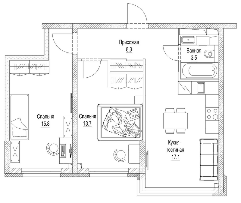 Планировка 3е-к.кв 60.40 м² в ЖК «Сити-парк. Кемерово»