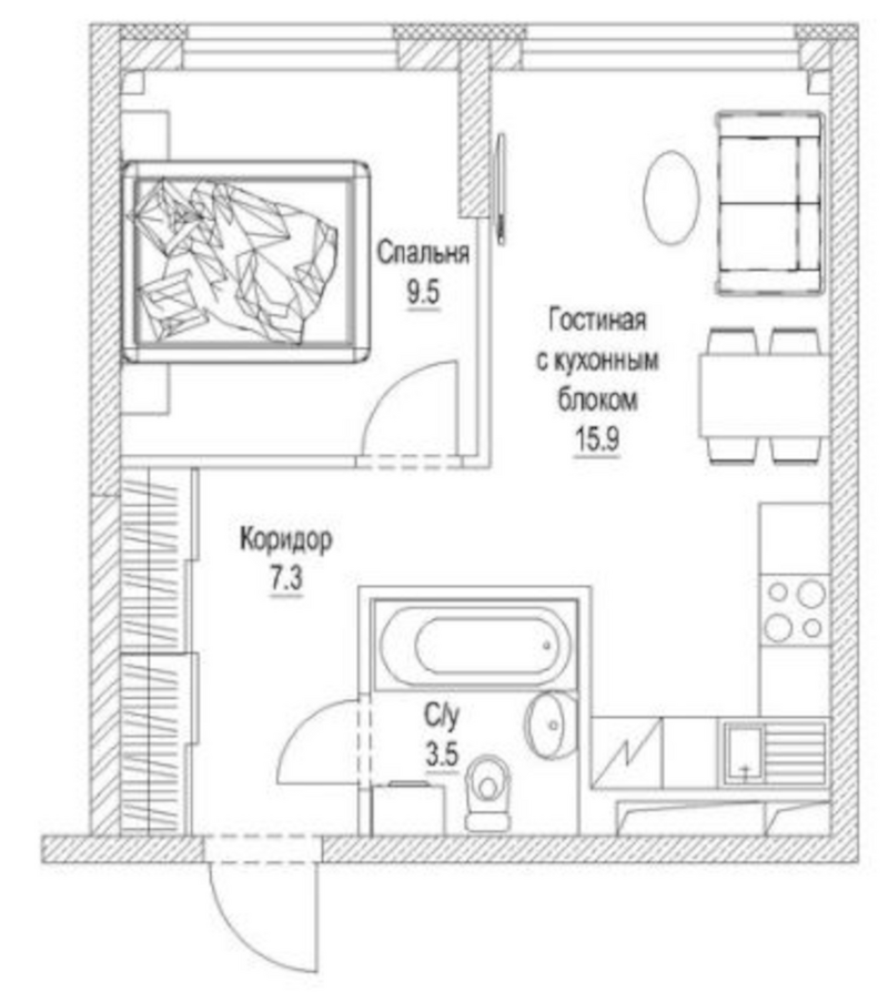 Планировка 2е-к.кв 38.10 м² в ЖК «Сити-парк. Кемерово»