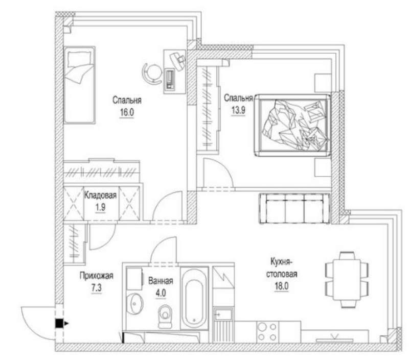 Планировка 2-к.кв 63.80 м² в ЖК «Сити-парк. Кемерово»