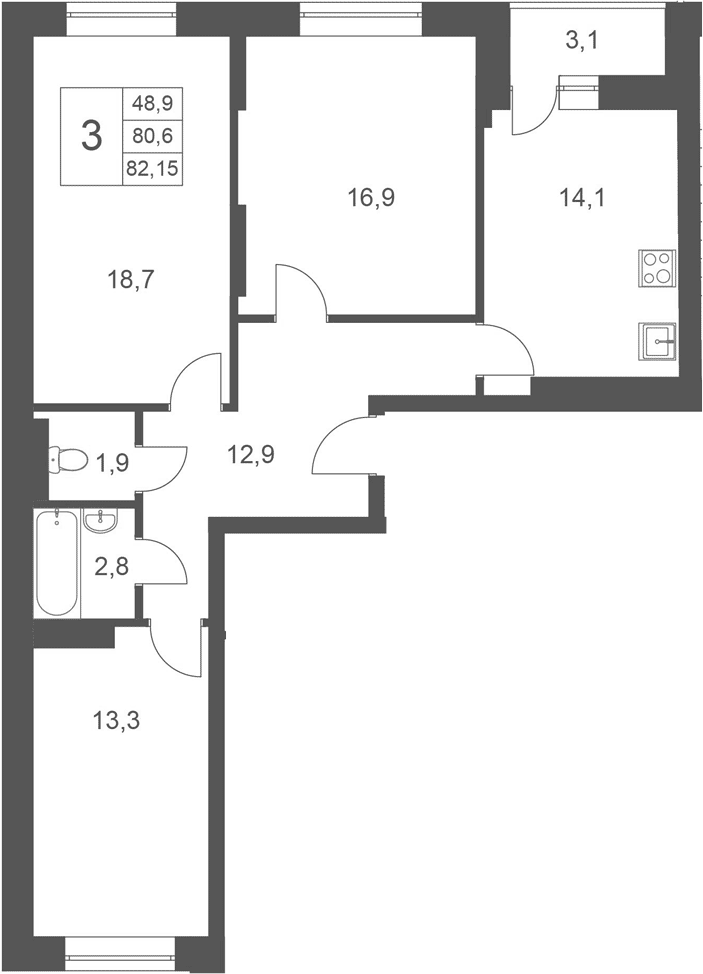 Планировка 3-к.кв 80.60 м² в ЖК «Эверест»