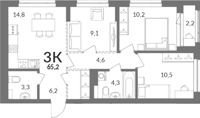 Планировка 3-к.кв 64.10 м² в ЖК «Горская лагуна»