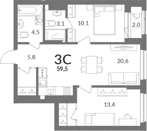 Планировка 3е-к.кв 58.50 м² в ЖК «Горская лагуна»