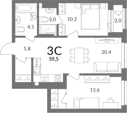 Планировка 3е-к.кв 58.20 м² в ЖК «Горская лагуна»