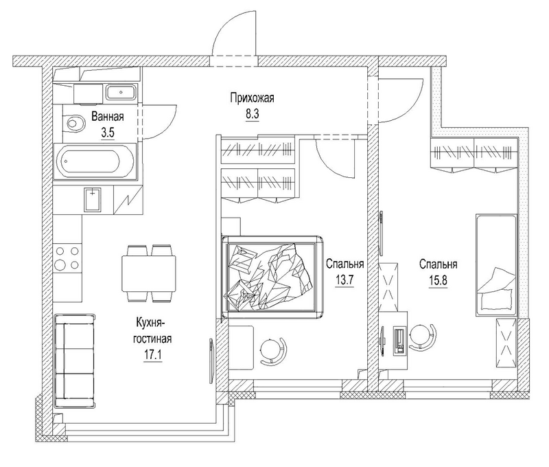 Планировка 3е-к. квартира 60.40 м² в ЖК «Сити-парк. Кемерово»