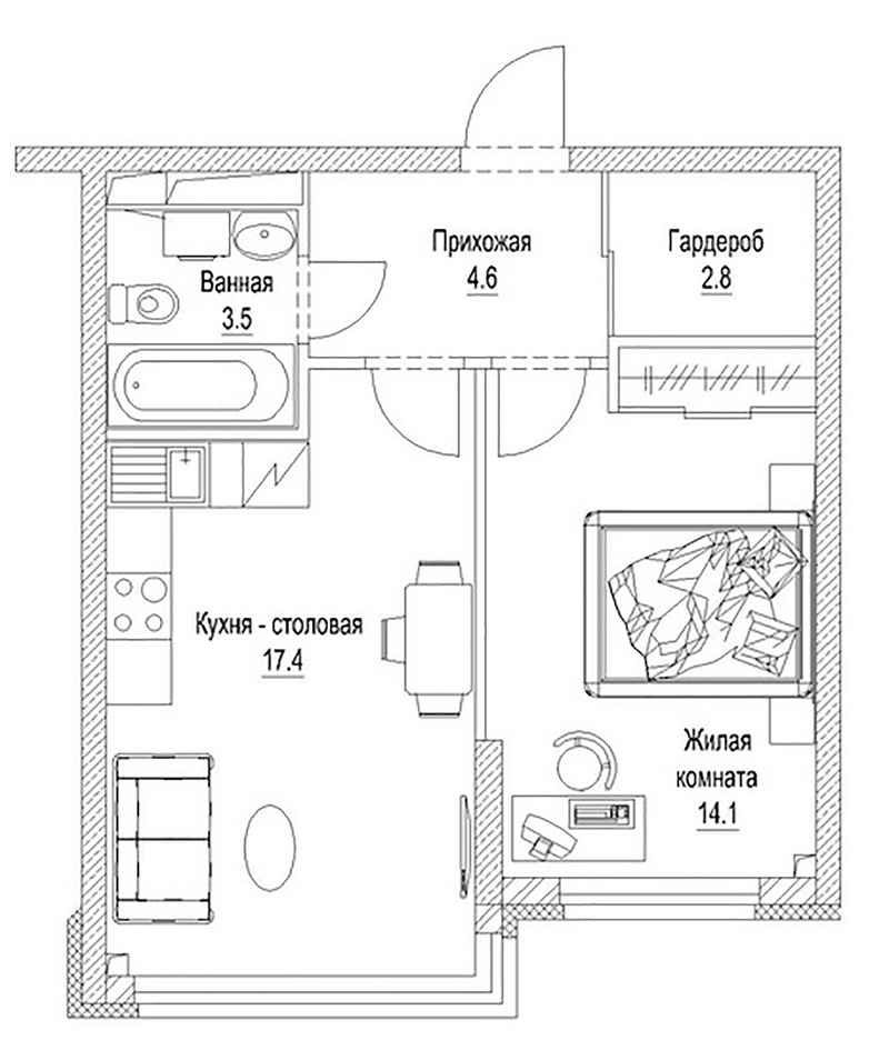 Планировка 2е-к. квартира 44.40 м² в ЖК «Сити-парк. Кемерово»