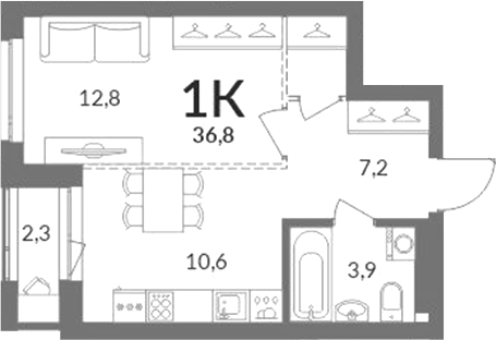Планировка 1-к.кв 35.65 м² в ЖК «Горская лагуна»