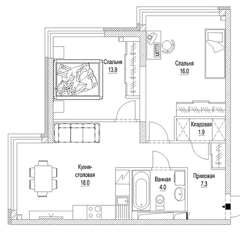 Планировка 2-к.кв 63.80 м² в ЖК «Сити-парк. Кемерово»