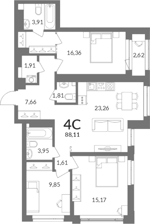 Планировка 4е-к.кв 86.60 м² в ЖК «Горская лагуна»