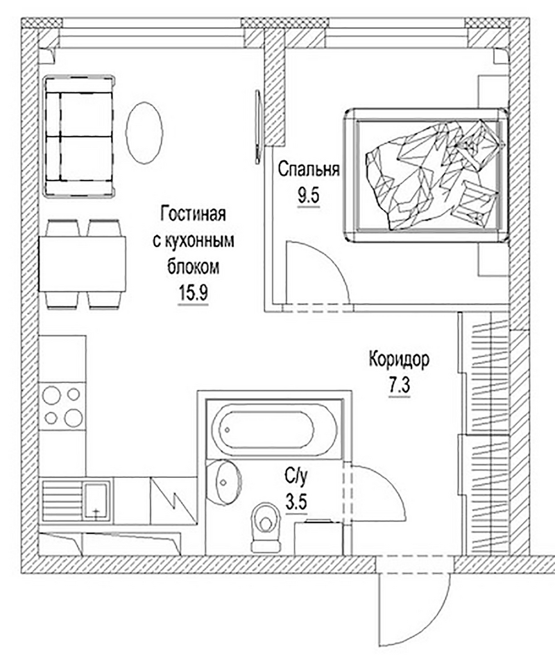 Планировка 2е-к.кв 38.10 м² в ЖК «Сити-парк. Кемерово»
