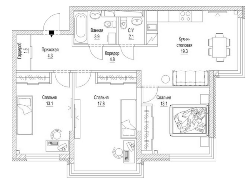 Планировка 3-к.кв 83.40 м² в ЖК «Сити-парк. Кемерово»