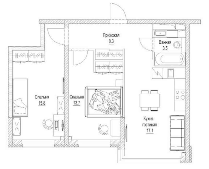 Планировка 3е-к.кв 60.40 м² в ЖК «Сити-парк. Кемерово»