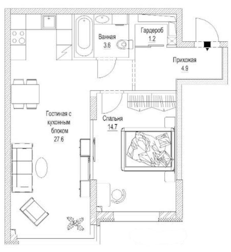 Планировка 2е-к.кв 54.70 м² в ЖК «Сити-парк. Кемерово»