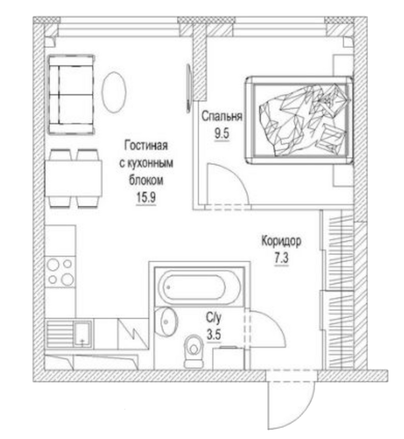 Планировка 2е-к.кв 38.10 м² в ЖК «Сити-парк. Кемерово»